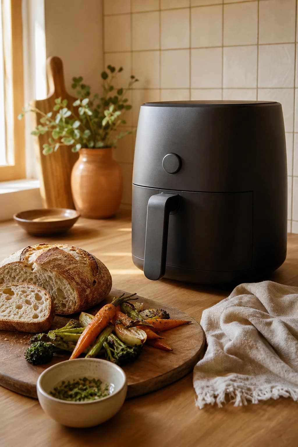 An air fryer on a warm oak kitchen counter beside fresh bread and roasted vegetables