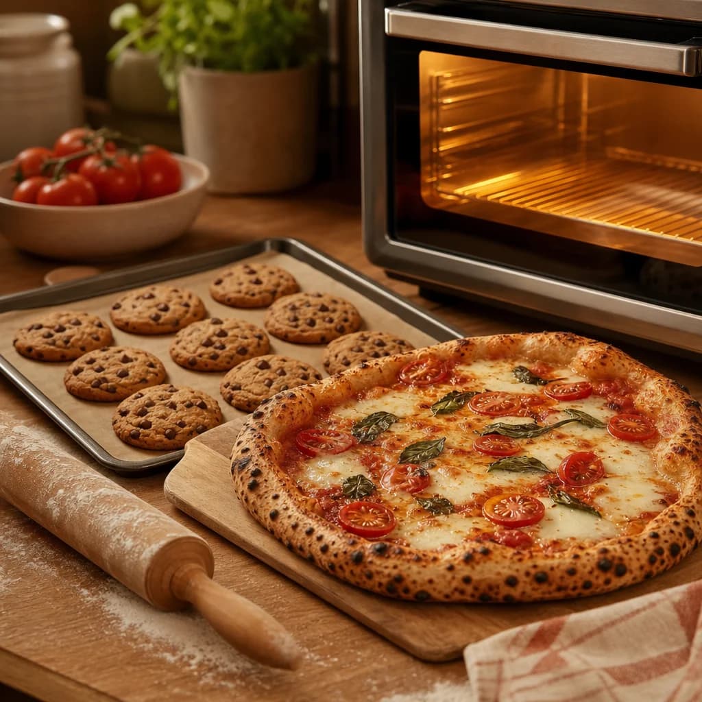 Fresh pizza and cookies on a wooden board beside a small countertop oven