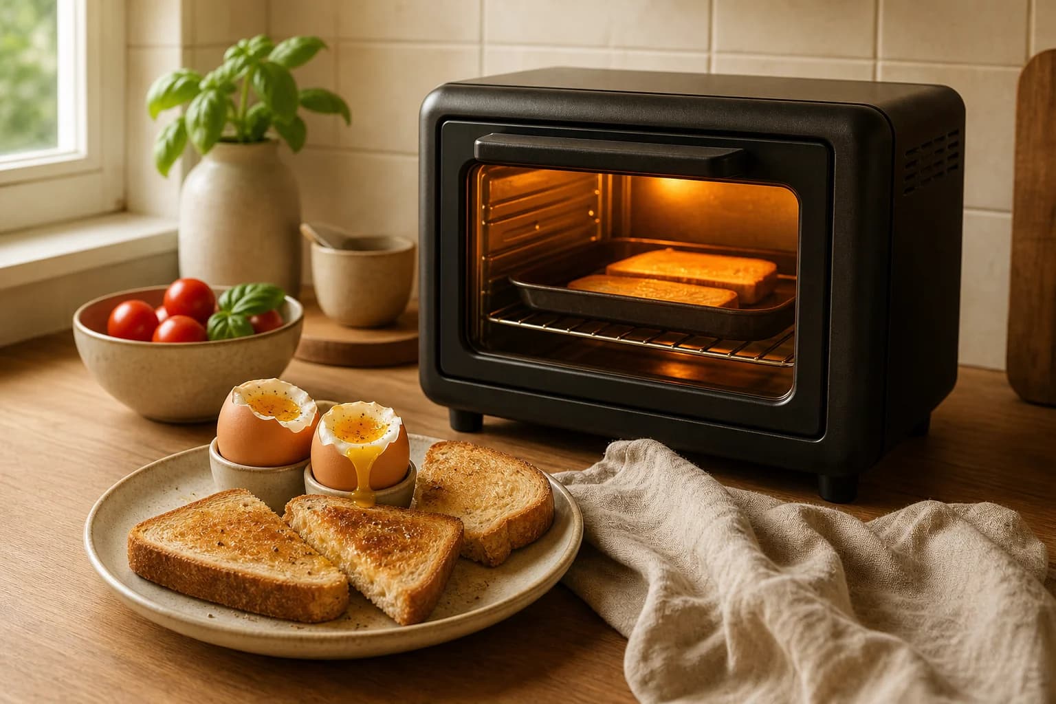 A small countertop oven glowing on a cream-tiled kitchen counter beside toast and eggs