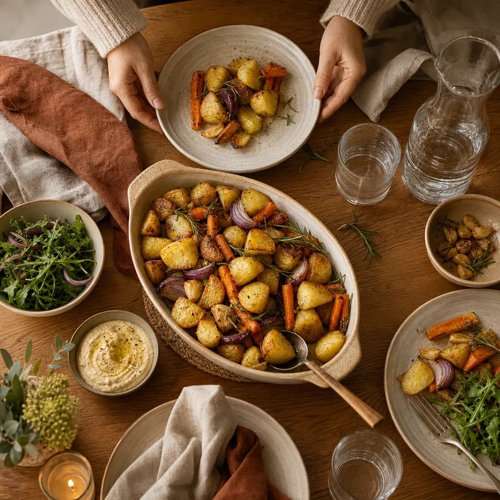 A dish of crisp roasted vegetables being served at a warm wooden dinner table